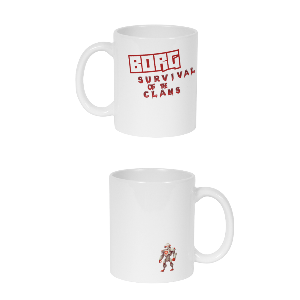 BORG white coffee mug — logo + character