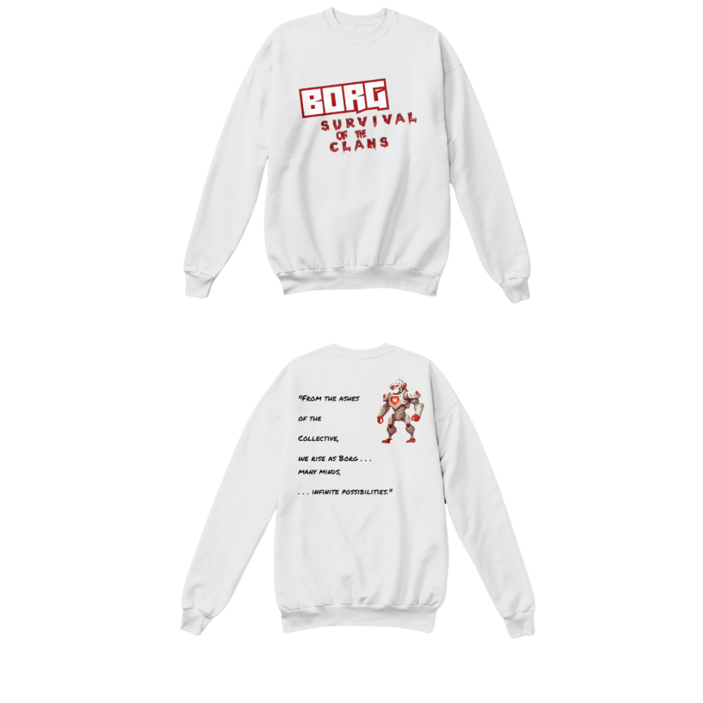 BORG white crewneck sweatshirt — front and back